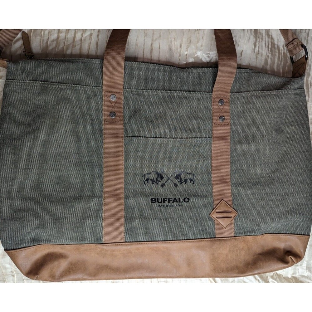 BUFFALO DAVID BITTON DUFFLE BAG, Large, Green With Leather Bottom and handles. - Picture 3 of 13